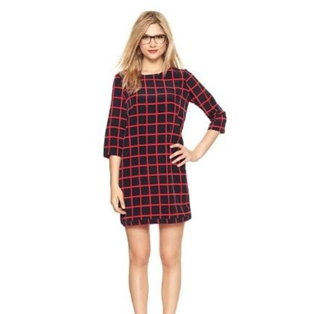 Gap Shift Dress Womens Small Black Red Window Pain‎ Grid Pattern 3/4 Sleeve Midi
